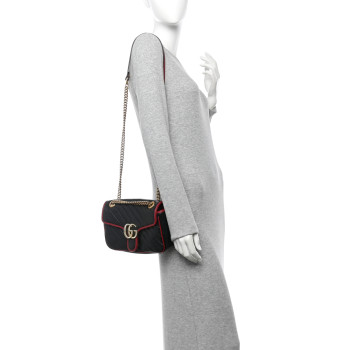 GUCCI Vintage Effect Calfskin Matelasse Diagonal Small Torchon GG Marmont Shoulder Bag Black Romantic Cherry