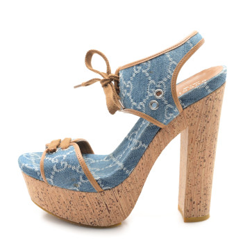 GUCCI Denim GG Monogram Cork Platform Sandals 39 Blue