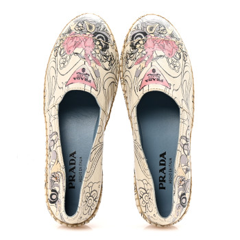 PRADA X JAMES JEAN Glace Calfskin Rabbit Print Espadrilles 38 Opaline