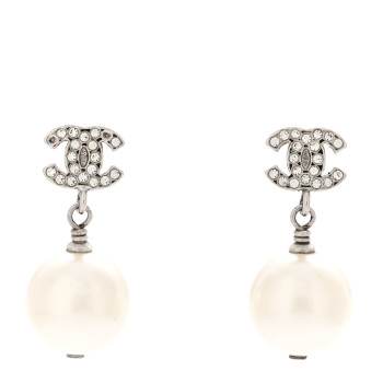 CHANEL Crystal Pearl CC Drop Earrings Silver