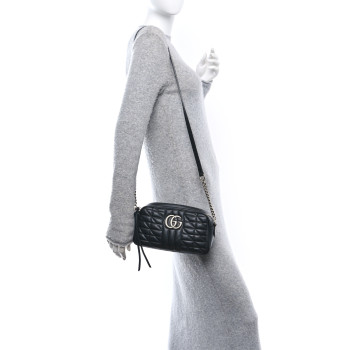 GUCCI Calfskin Matelasse Aria Small GG Marmont Chain Shoulder Bag Black