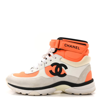CHANEL Suede Calfskin Lambskin Neoprene High Top CC Sneakers 36.5 White Fluo Orange