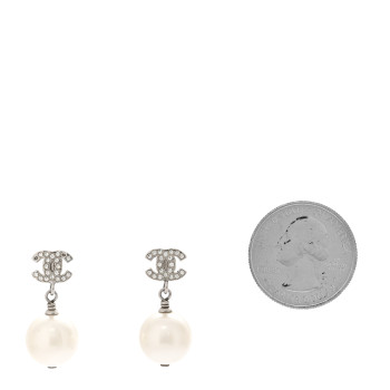 CHANEL Crystal Pearl CC Drop Earrings Silver