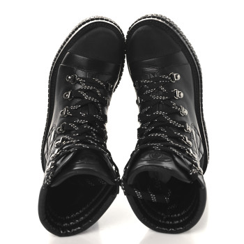 CHANEL Calfskin Grosgrain Quilted Lace Up Boots 35 Black Grey