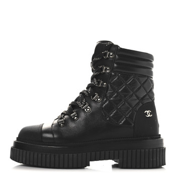 CHANEL Calfskin Grosgrain Quilted Lace Up Boots 35 Black Grey