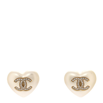 CHANEL Pearl Crystal CC Heart Earrings Gold