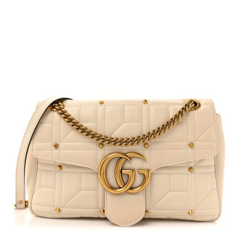 GUCCI Calfskin Matelasse Studded Medium GG Marmont Shoulder Bag White