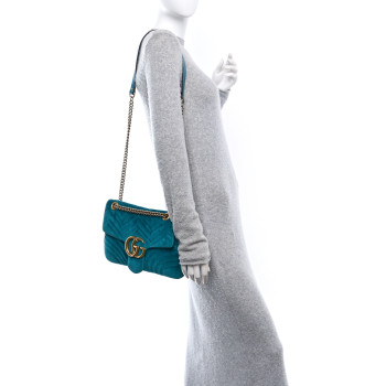 GUCCI Velvet Matelasse Medium GG Marmont Shoulder Bag Pavone Cyan