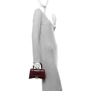 BALENCIAGA Shiny Calfskin Crocodile Embossed Hourglass Top Handle Bag XS Dark Red