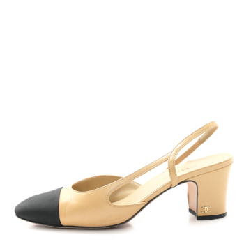 CHANEL Goatskin Grosgrain Cap Toe CC Slingback Pumps 38.5 Beige Black