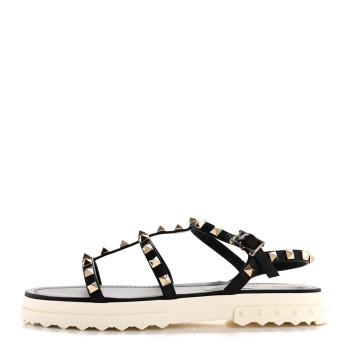 VALENTINO GARAVANI Calfskin Bedrock Rockstud Ankle Flat Sandals 38 Black White