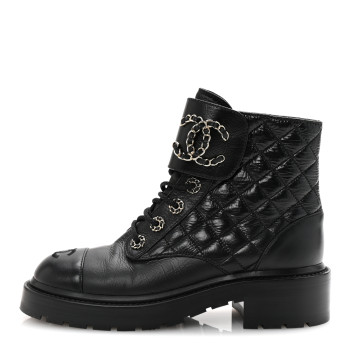 CHANEL Shiny Goatskin Calfskin Quilted Lace Up Combat Boots 36.5 Black