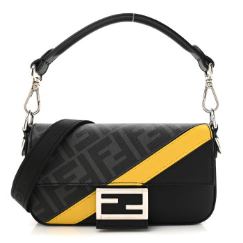 FENDI Glazed Fabric Vitello Liberty FF 1974 Diagonal Baguette Black Sunflower