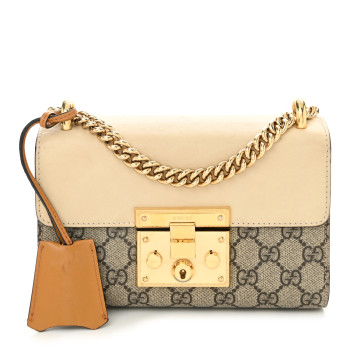 GUCCI GG Supreme Monogram Calfskin Small Padlock Shoulder Bag Beige Mystic White Sun Oil