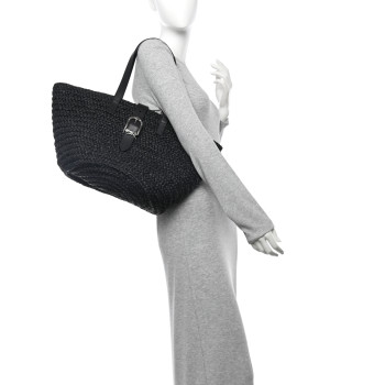 SAINT LAURENT Raffia Calfskin Celtic Buckle Medium Panier Tote Black