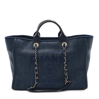CHANEL Mixed Fibers Calfskin Medium Deauville Tote Navy Blue