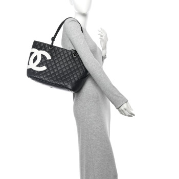 CHANEL Calfskin Quilted Large Cambon Tote Black White