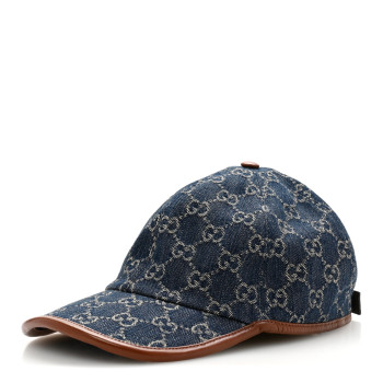 GUCCI Washed Jacquard Denim Nappa GG Monogram Oscar Baseball Hat XL Denim Cuir