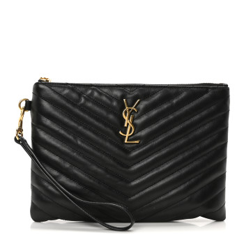 SAINT LAURENT Calfskin Matelasse Chevron Monogram A5 Wristlet Black