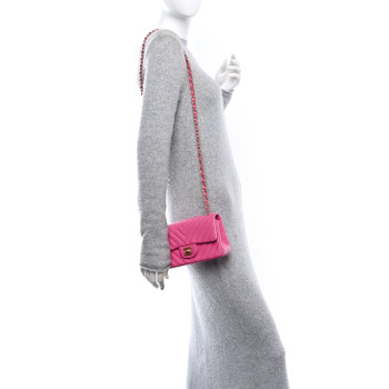 CHANEL Lambskin Chevron Quilted Mini Rectangular Flap Pink