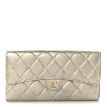 CHANEL Metallic Lambskin Quilted Large Gusset Flap Wallet Gold
