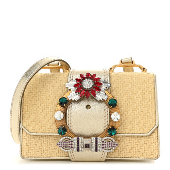 MIU MIU Raffia Madras Crystal Embellished Lady Shoulder Bag Naturale Pirite