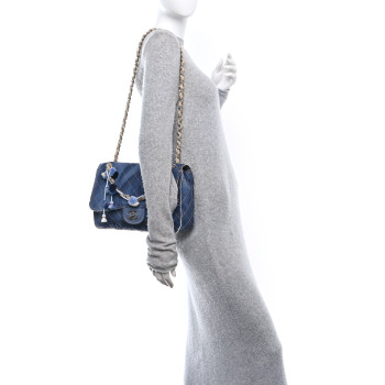 CHANEL Denim Quilted Jumbo Pompom Flap Dark Blue