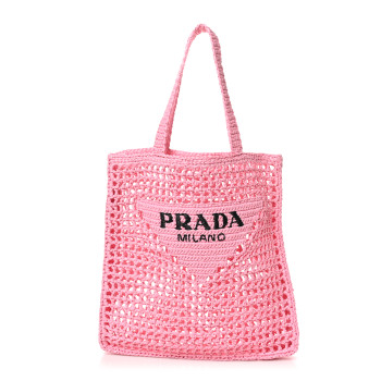 PRADA Yarn Raffia Effect Crochet Logo Embroidered Tote Bag Petalo