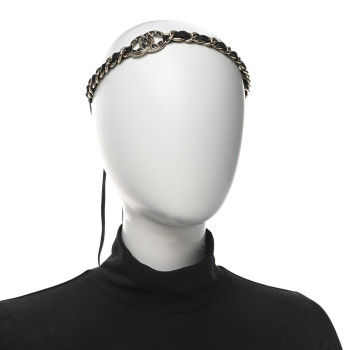CHANEL Metal Lambskin Crystal CC Chain Tie Headband Gold Black