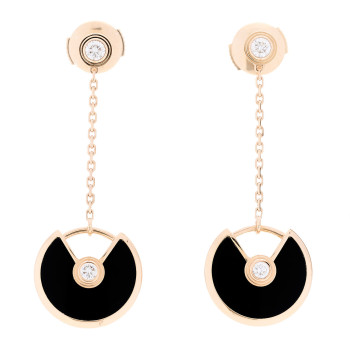 CARTIER 18K Pink Gold Diamond Black Onyx Amulette de Cartier Drop Earrings