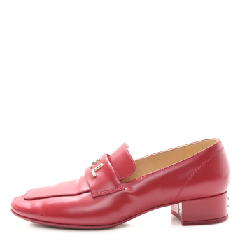 CHANEL Shiny Calfskin Logo Loafers 36.5 Red