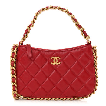 CHANEL Shiny Crumpled Lambskin Quilted Trendy Chain Around Hobo Red