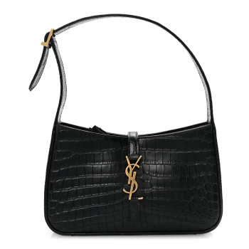 SAINT LAURENT Calfskin Crocodile Embossed Le 5 A 7 Hobo Black