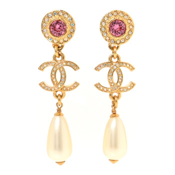 CHANEL Metal Crystal Pearl CC Drop Earrings Gold Pink White