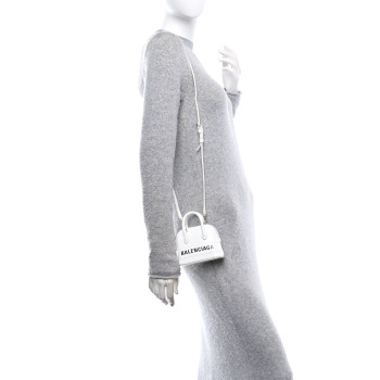 BALENCIAGA Calfskin Logo Crocodile Embossed Mini Ville Top Handle Bag White Black