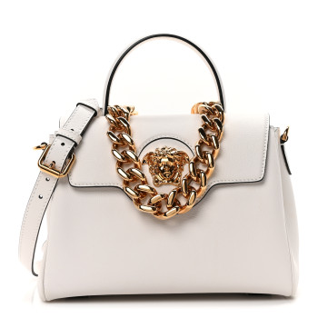 VERSACE Grained Calfskin Medium La Medusa Top Handle Handbag White