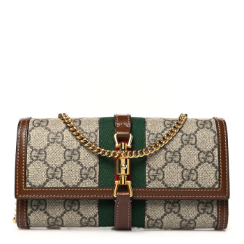 GUCCI GG Supreme Monogram Azalea Calfskin Web Jackie 1961 Chain Wallet Beige Ebony Brown Sugar