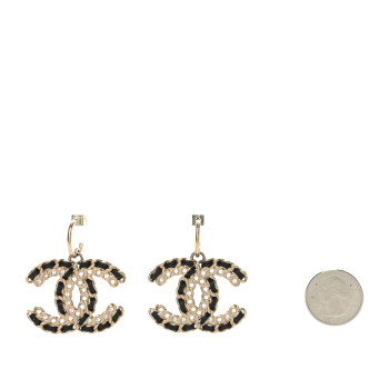 CHANEL Crystal Lambskin Chain CC Vintage Allure Stud Earrings Black Gold