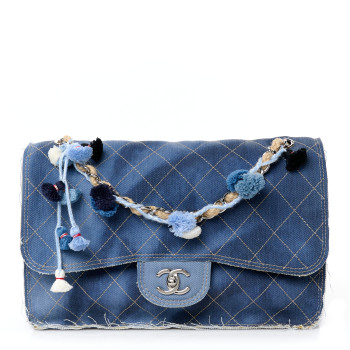 CHANEL Denim Quilted Jumbo Pompom Flap Dark Blue