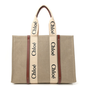 CHLOE Cotton Calfskin Large Woody Ribbon Tote White Brown