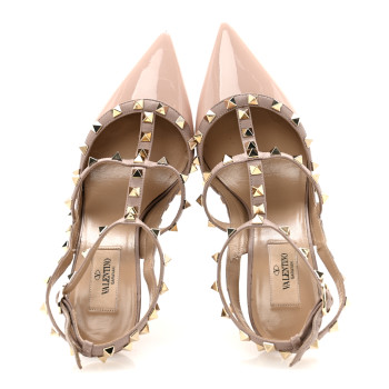 VALENTINO GARAVANI Patent Nappa Rockstud Ankle Strap 100mm Pumps 39 Water Rose Poudre