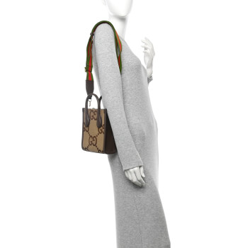 GUCCI Monogram Jumbo GG Textured Dollar Calfskin Web Mini Vertical Tote Camel Ebony New Acero