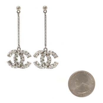 CHANEL Baguette Crystal CC Drop Earrings Silver