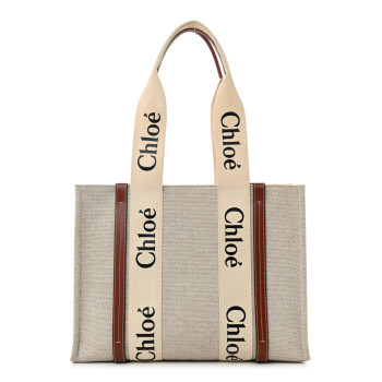CHLOE Cotton Calfskin Medium Woody Ribbon Tote White Brown