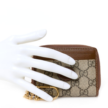GUCCI GG Supreme Monogram Azalea Calfskin Retro Interlocking G Compact Wallet Beige Ebony Brown Sugar