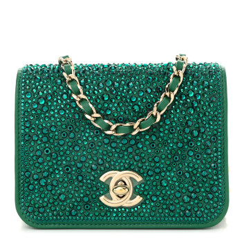 CHANEL Lambskin Crystal Diamante Clutch With Chain Green