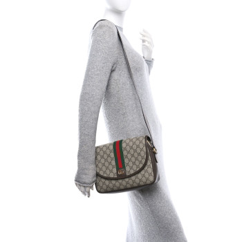 GUCCI GG Supreme Monogram Textured Dollar Calfskin Web Ophidia Flap Shoulder Bag  Beige Ebony New Acero