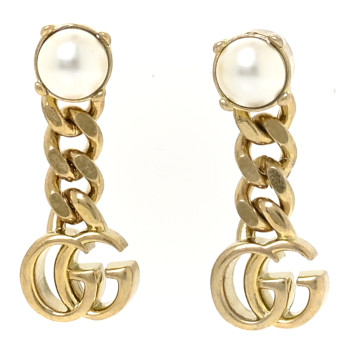 GUCCI Metal Pearl Double G Chain Drop Earrings Gold