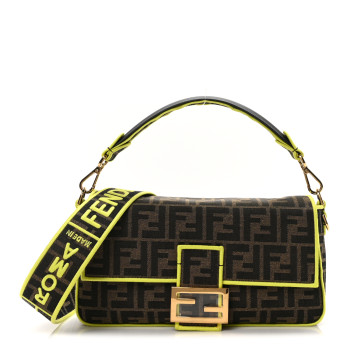 FENDI Fabric Jacquard FF 1974 Large Baguette Tobacco Moro Giallo Fluo