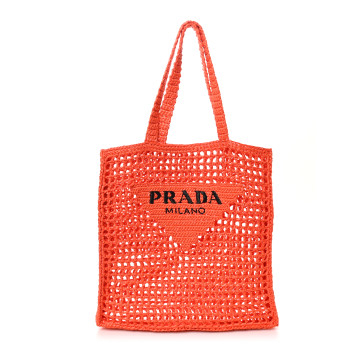 PRADA Yarn Raffia Effect Crochet Logo Embroidered Tote Bag Arancio